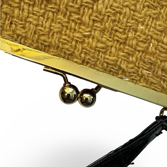 Glenda Gies Kiss-lock Gold/Brown Tweed Harvest Gold 60s Barkcloth interior purse - Picture 3 of 10